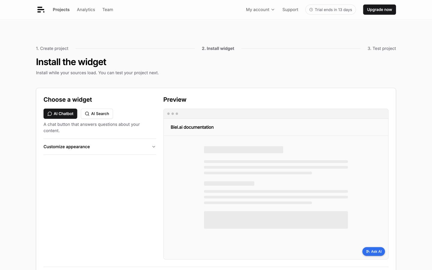Install the widget with a preview and appearance options