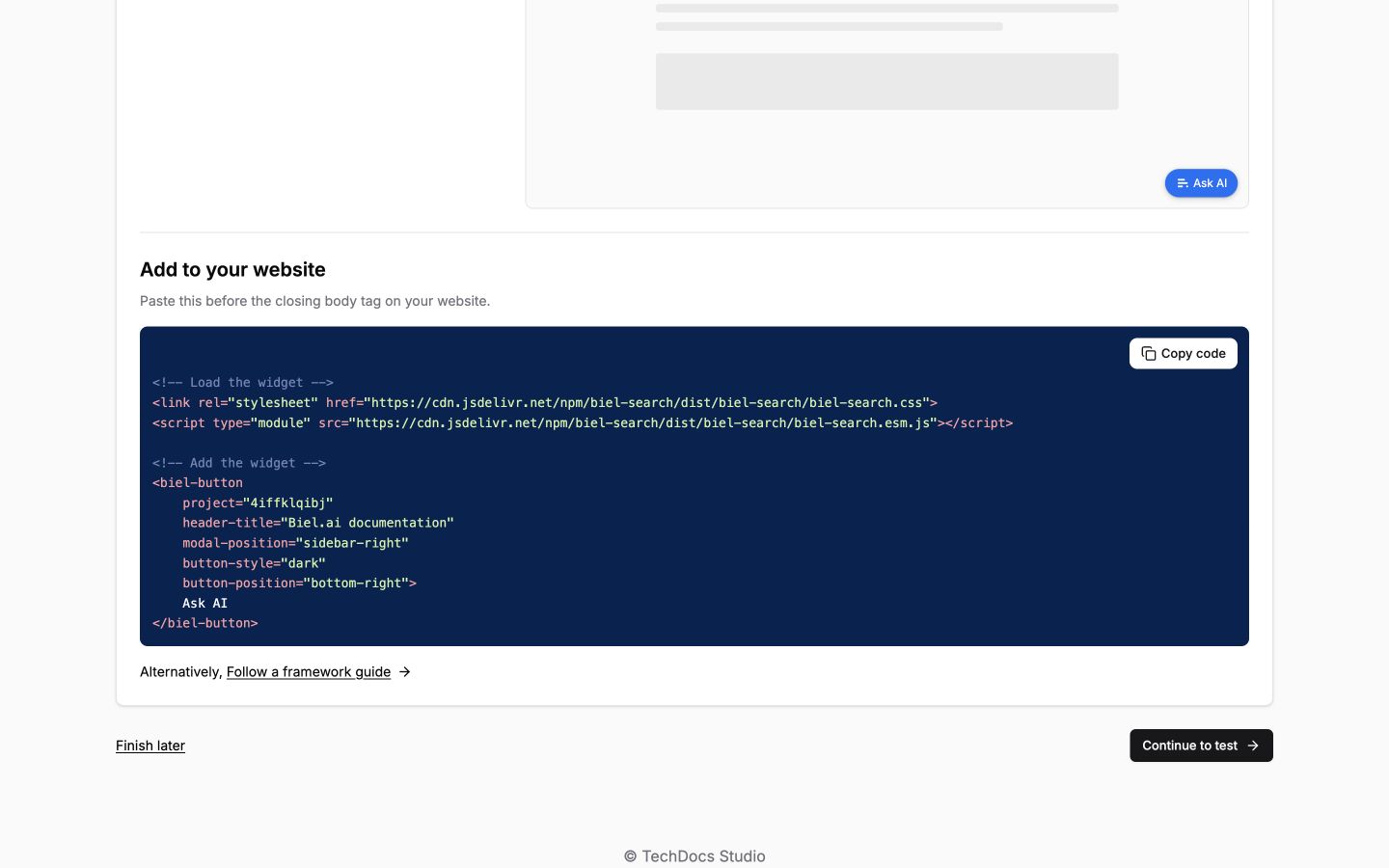 Copy the installation code for your website
