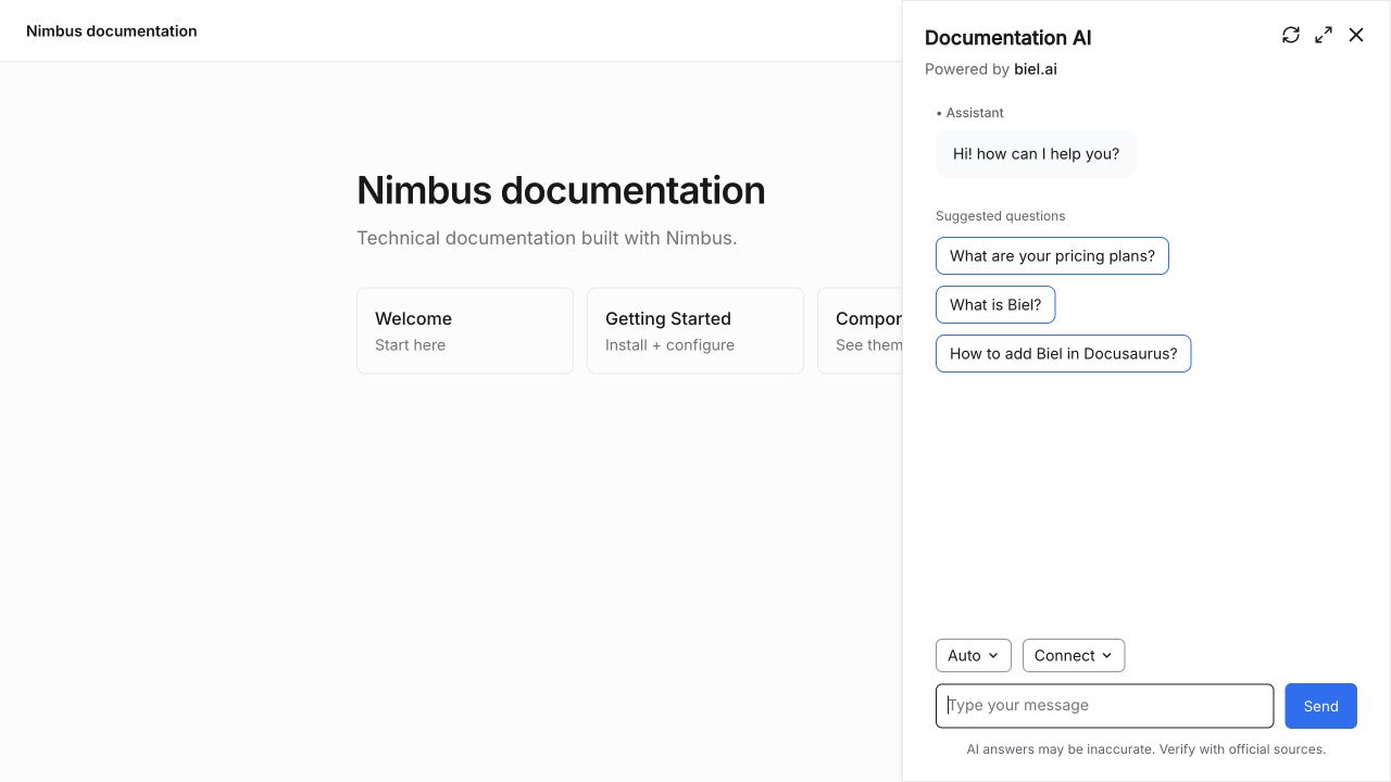 Biel Ask AI chatbot open on a Nimbus documentation site