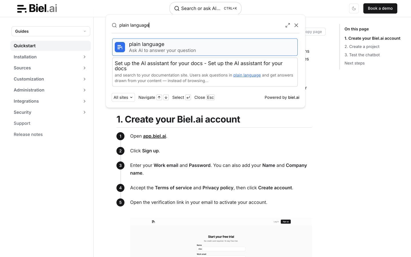 Biel page search with results from a documentation site