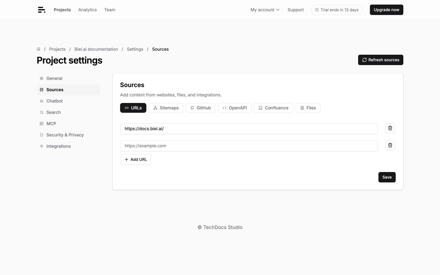 The Sources settings page with the source type tabs
