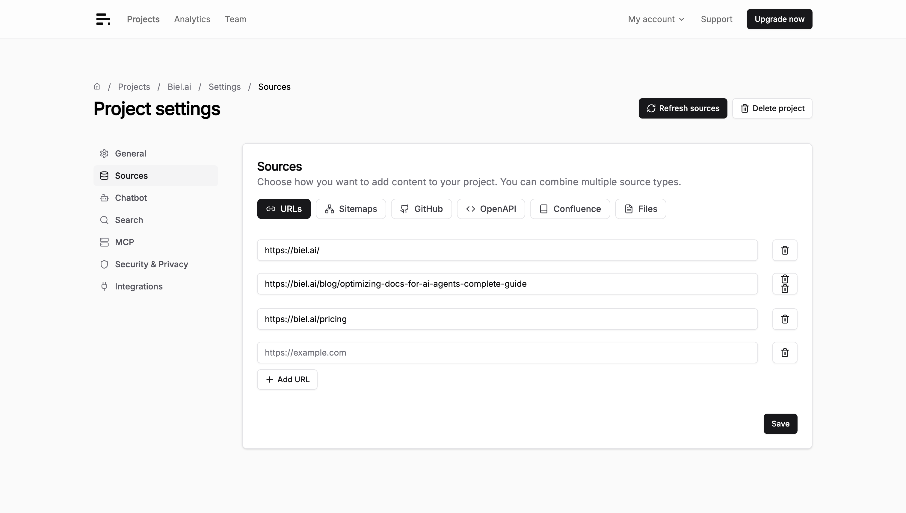 The URLs tab of the Sources settings page