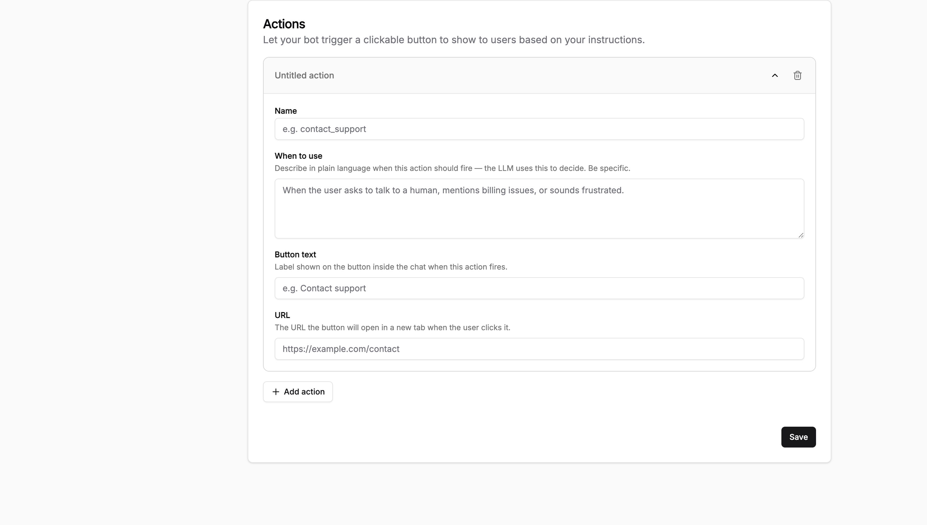 The Actions settings card with Name, When to use, Button text, and URL fields