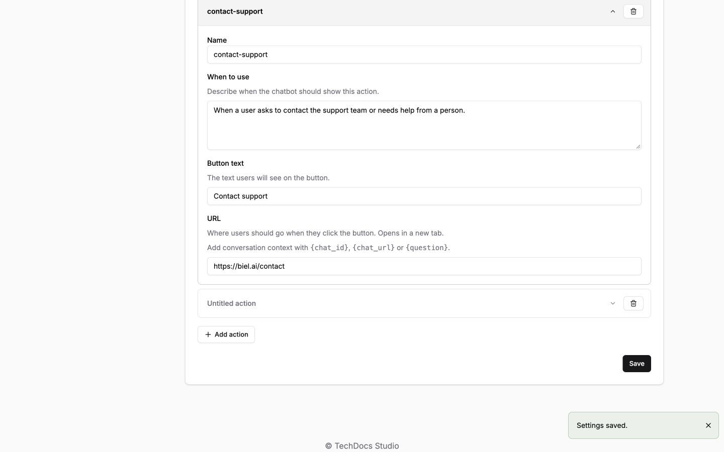 Configure a Contact support action