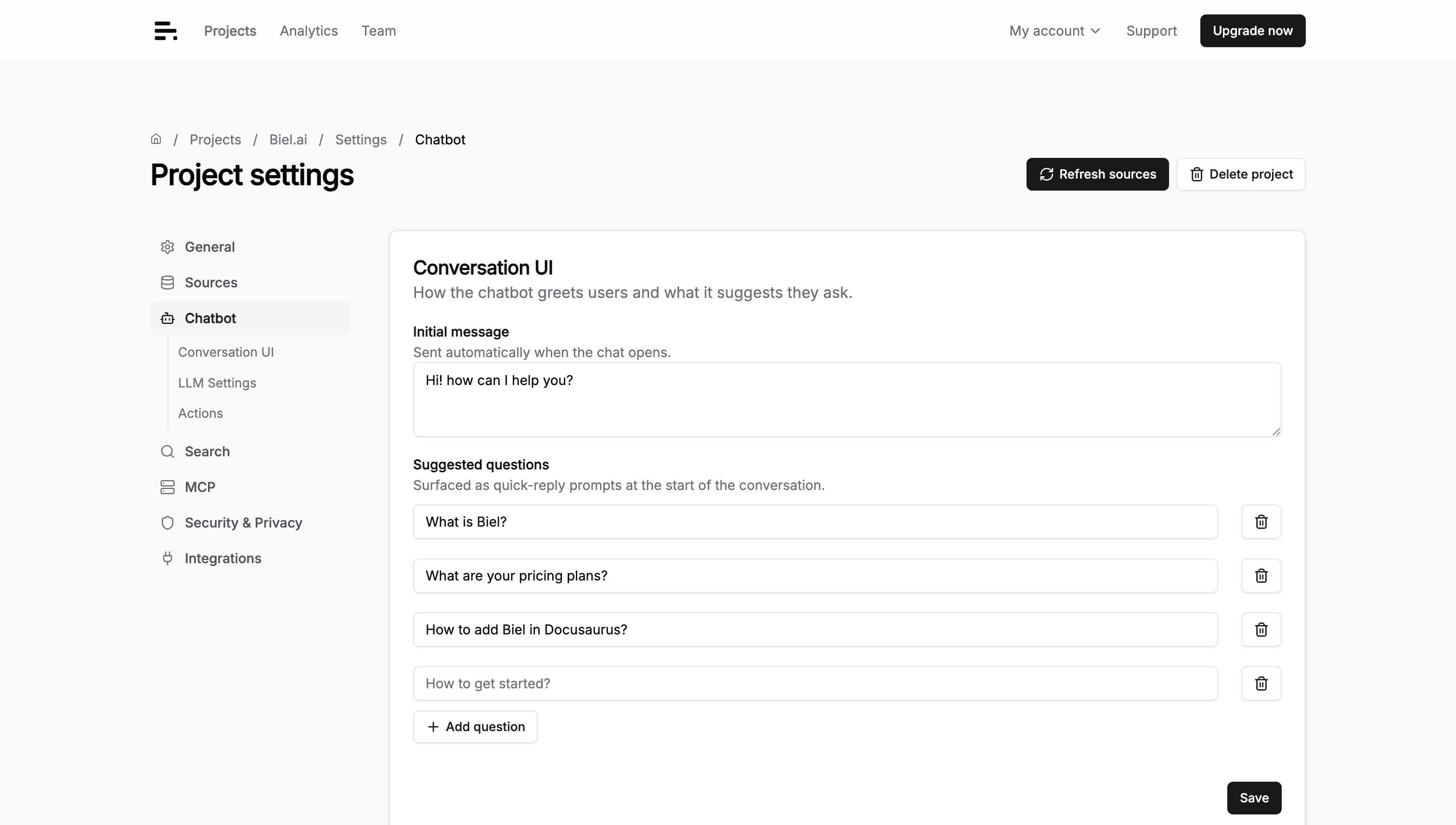 The Conversation UI section with the Initial message field