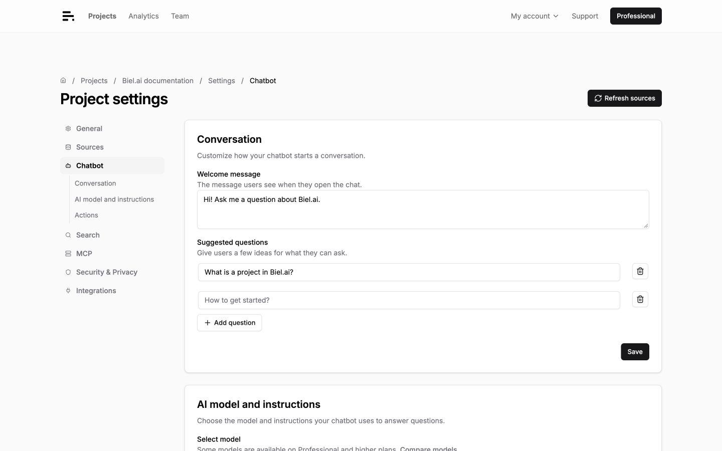 The Conversation section with the Welcome message field