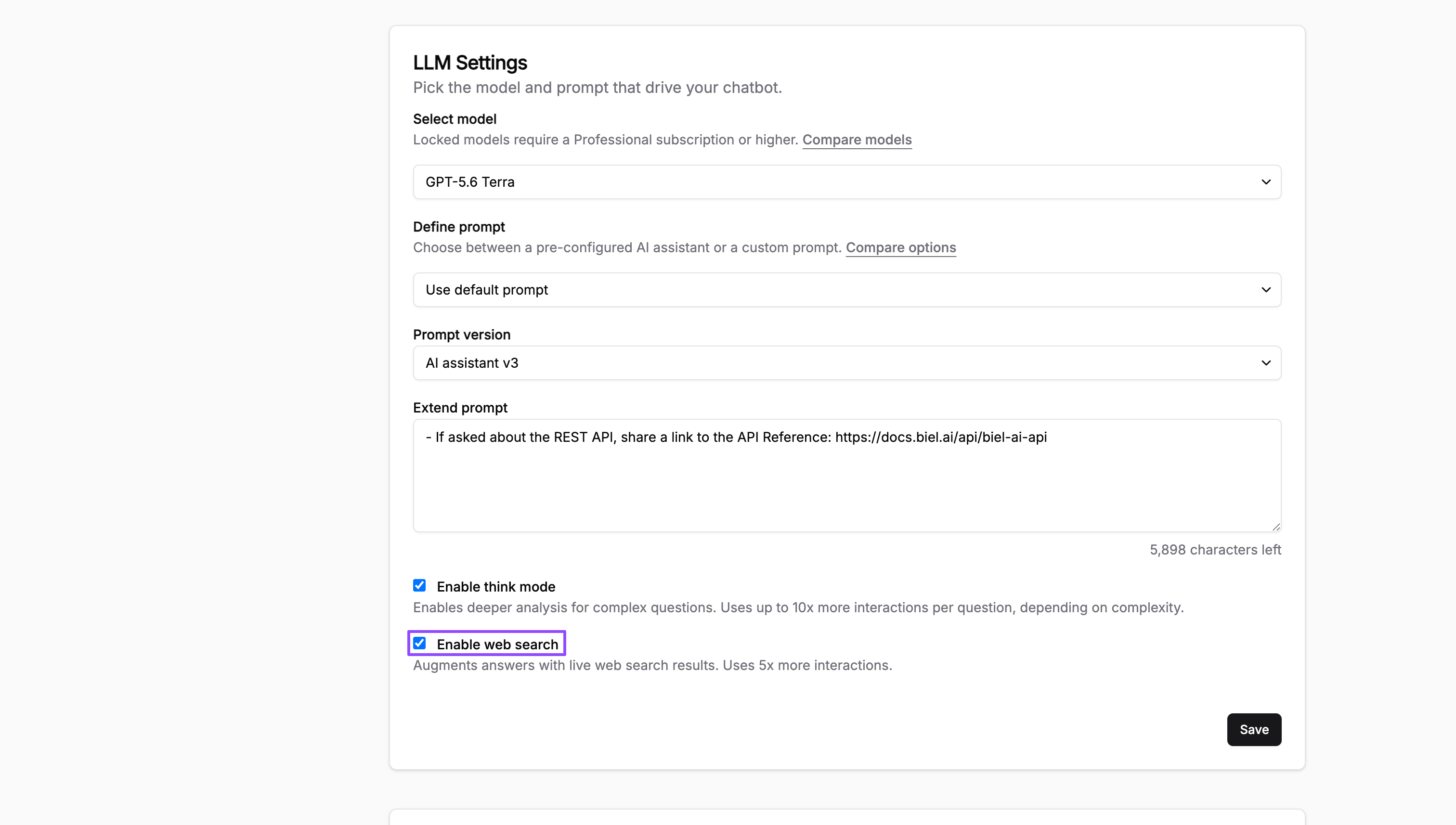 Enable web search in the LLM Settings section