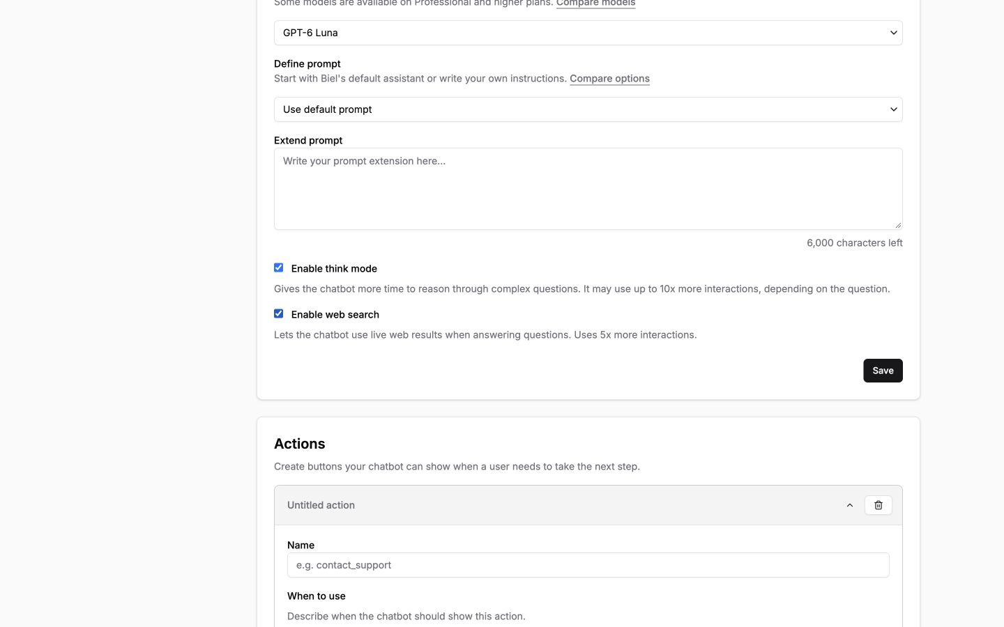 Enable web search in the AI model and instructions section