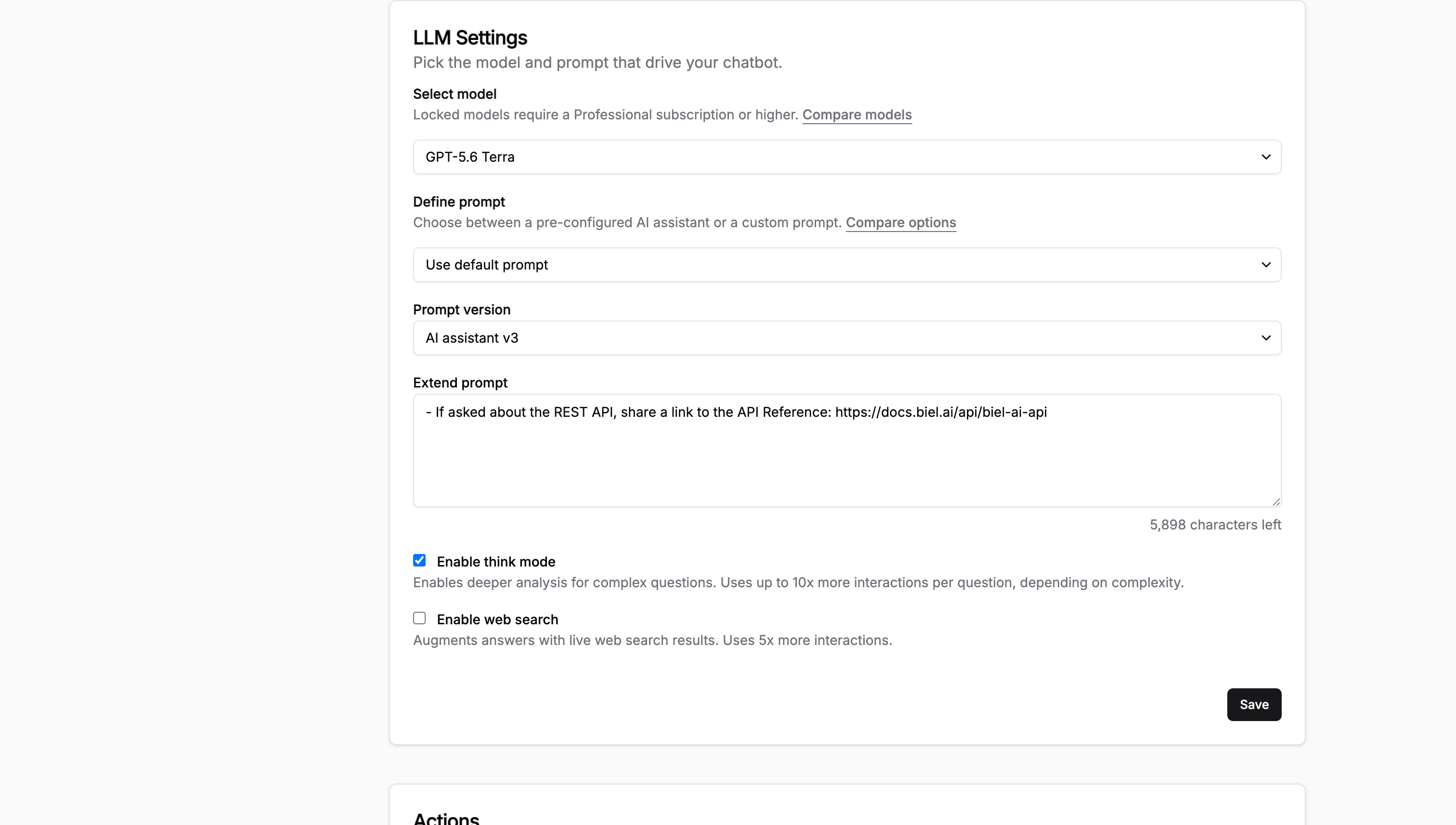The LLM Settings section with the Define prompt options