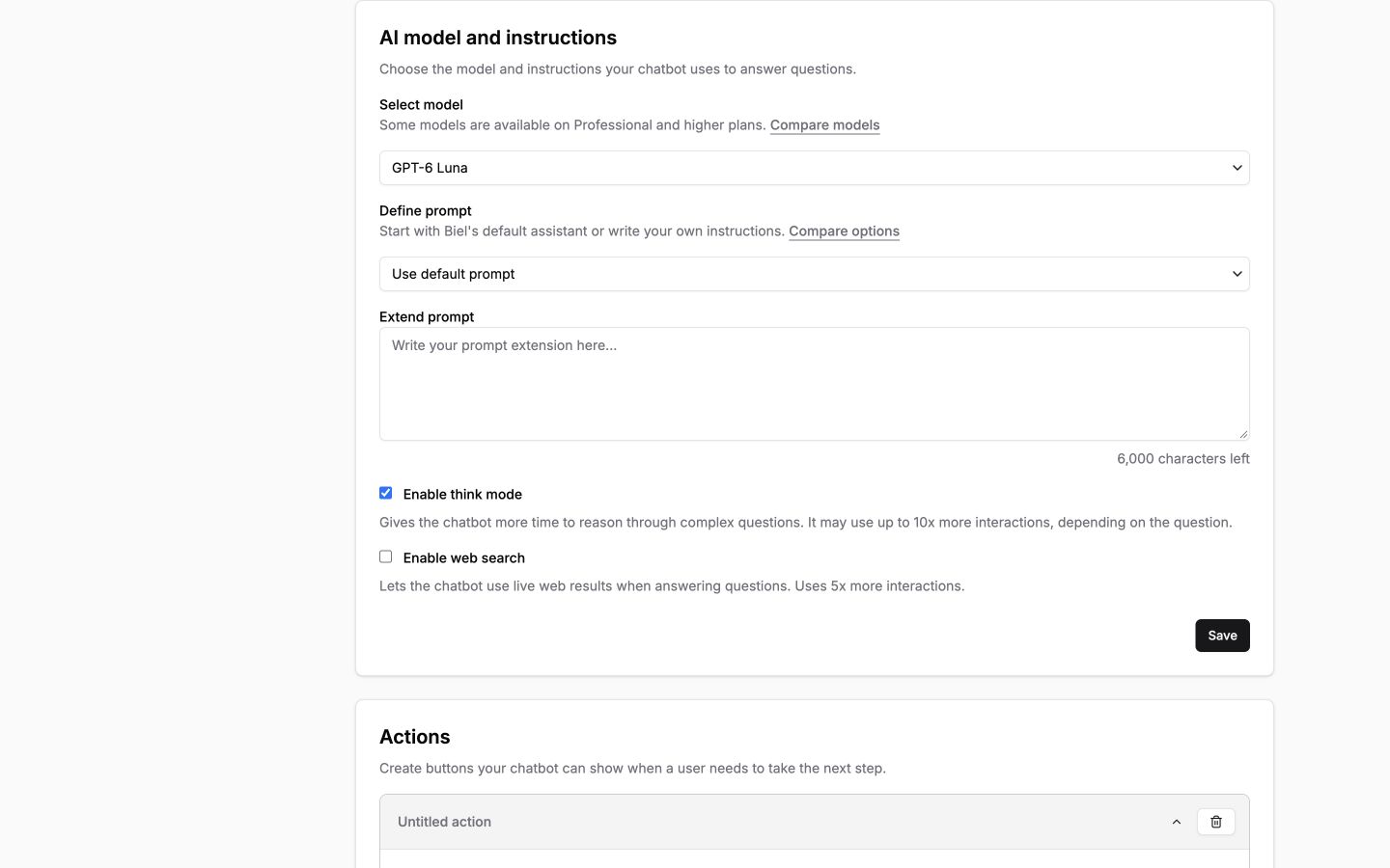 The AI model and instructions section with the Define prompt options