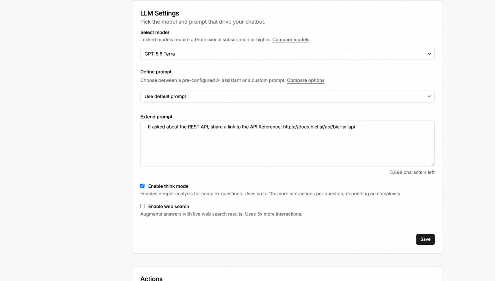 The LLM Settings section with the Define prompt options