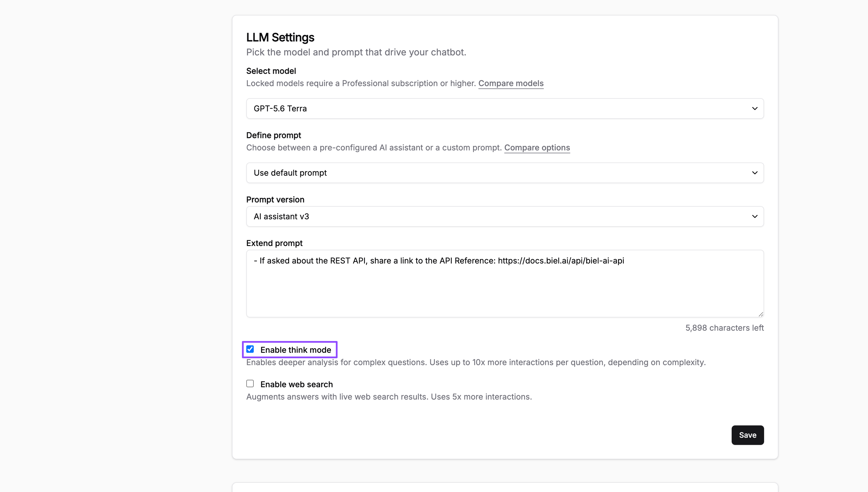 Enable think mode in the LLM Settings section