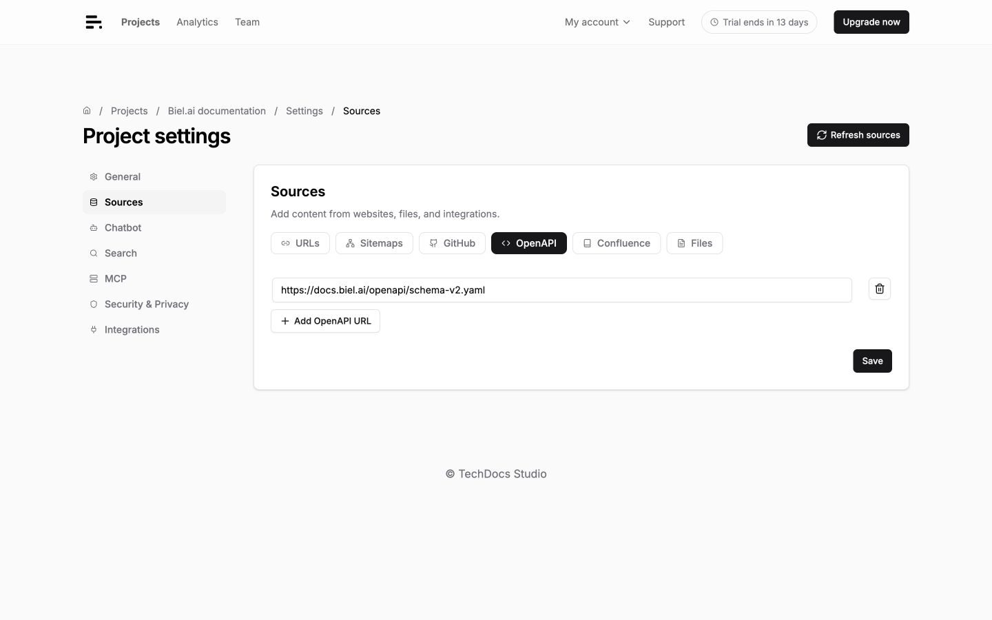 The OpenAPI tab of the Sources settings page