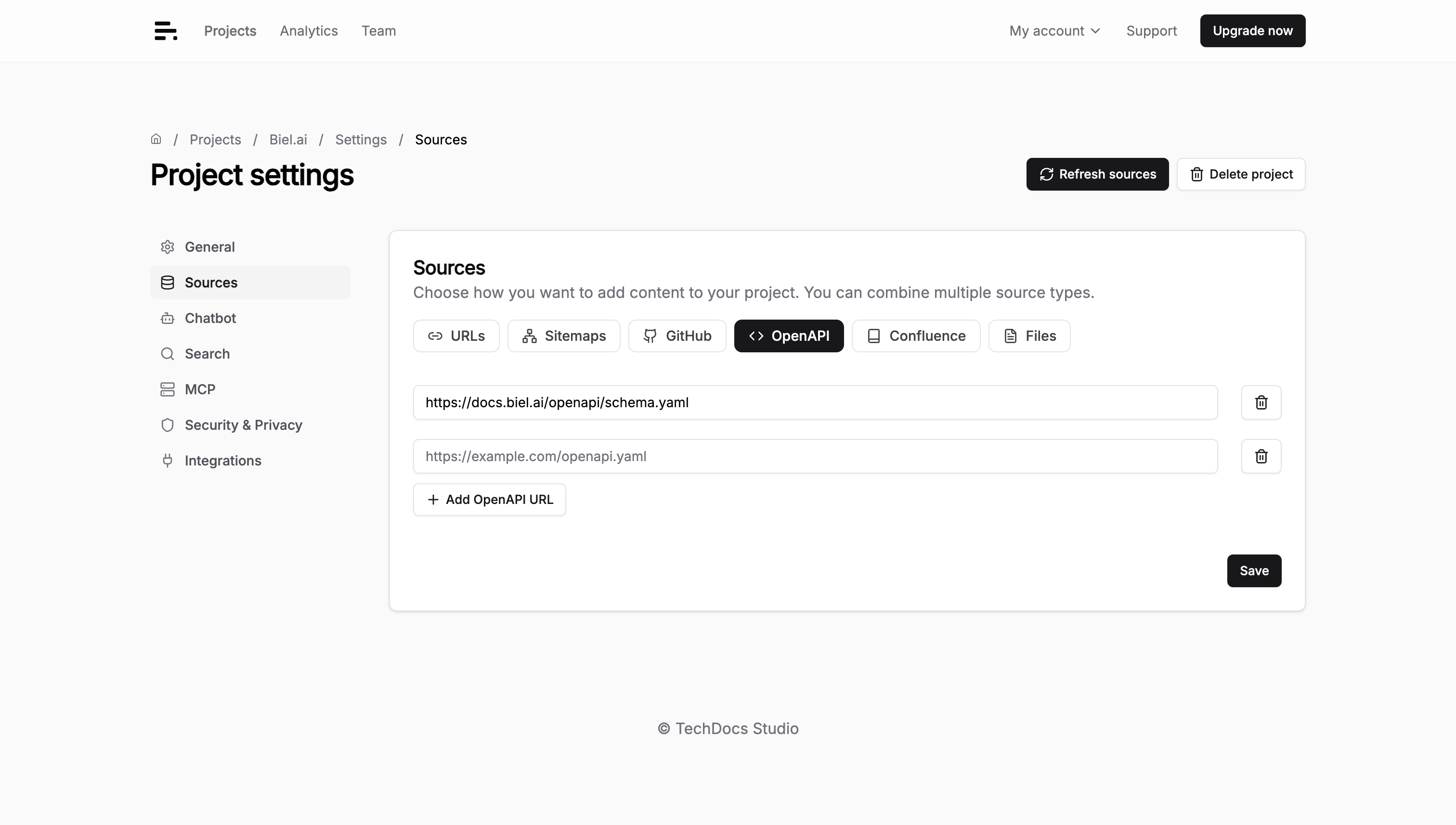 The OpenAPI tab of the Sources settings page
