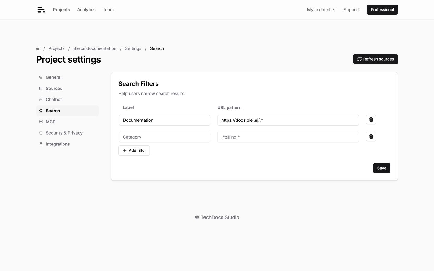 The Search Filters settings card with Label and URL pattern fields