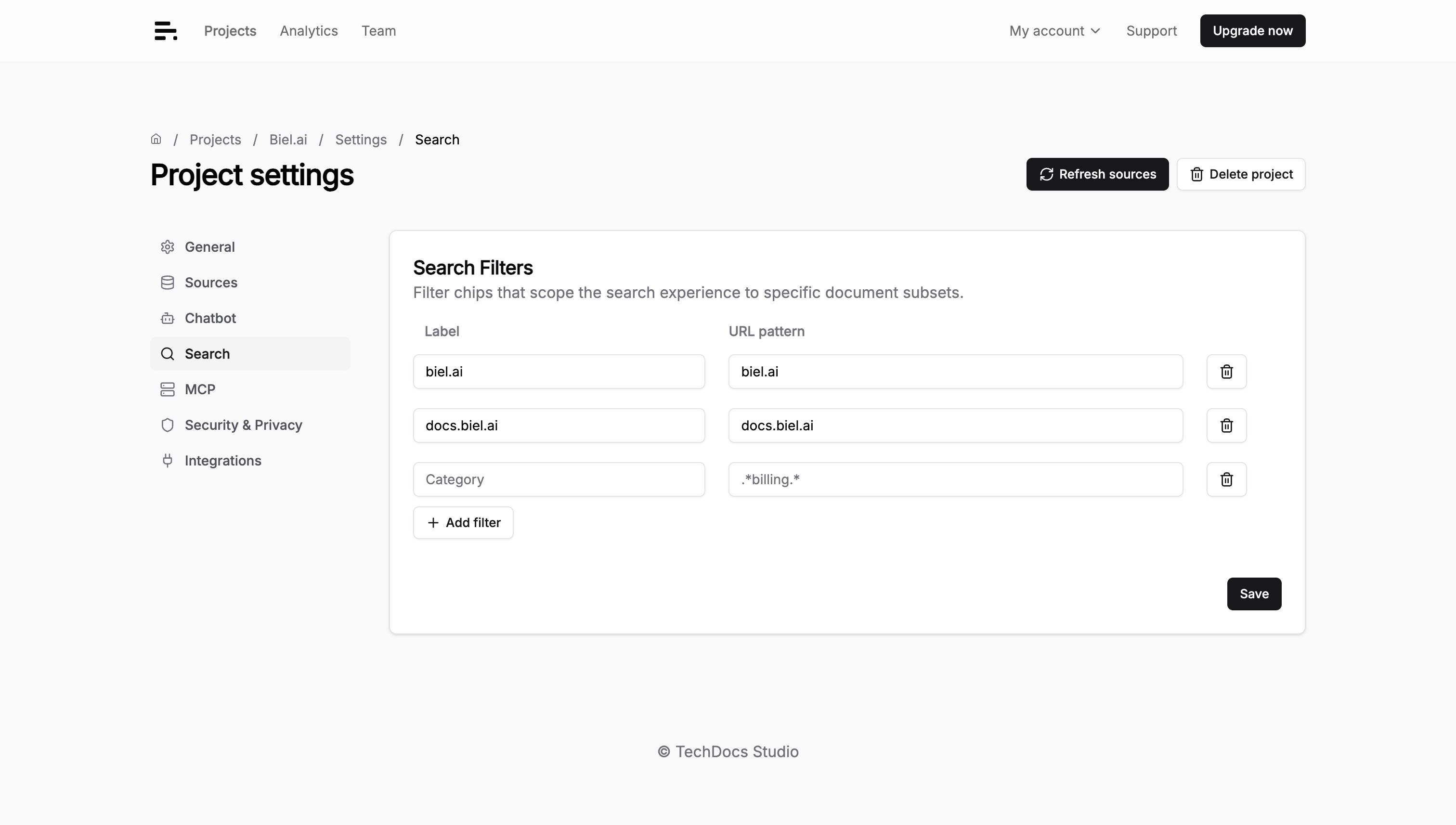 The Search Filters settings card with Label and URL pattern fields