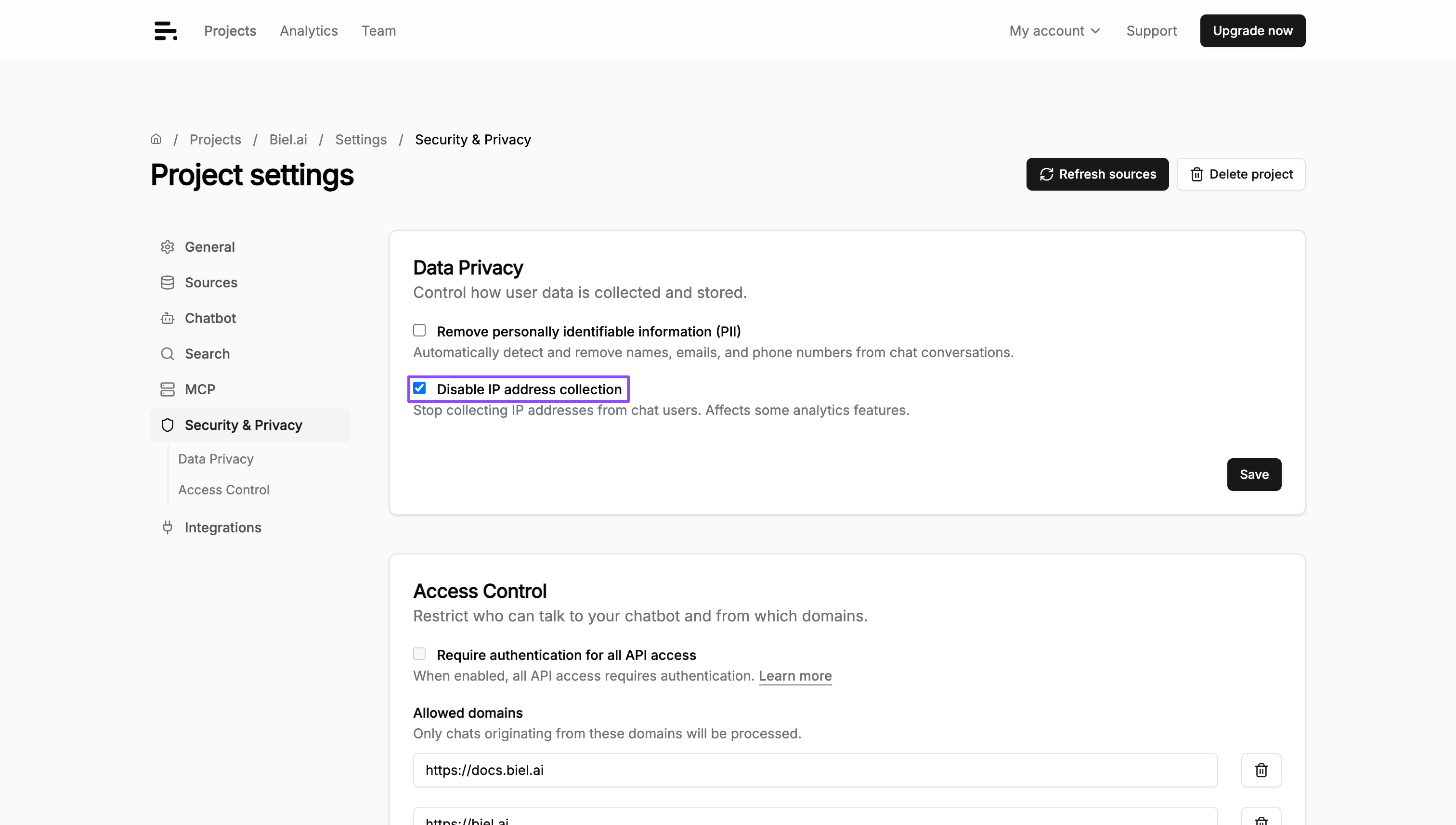 Disable IP address collection setting