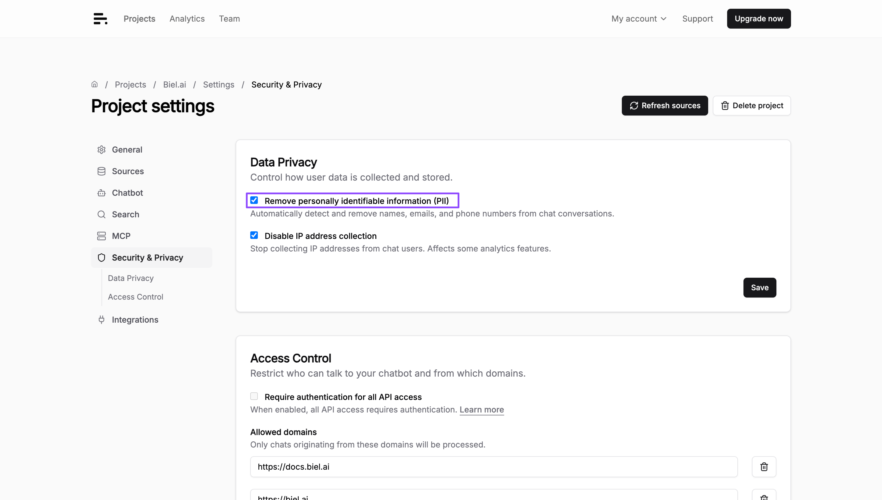 Remove personally identifiable information (PII) setting