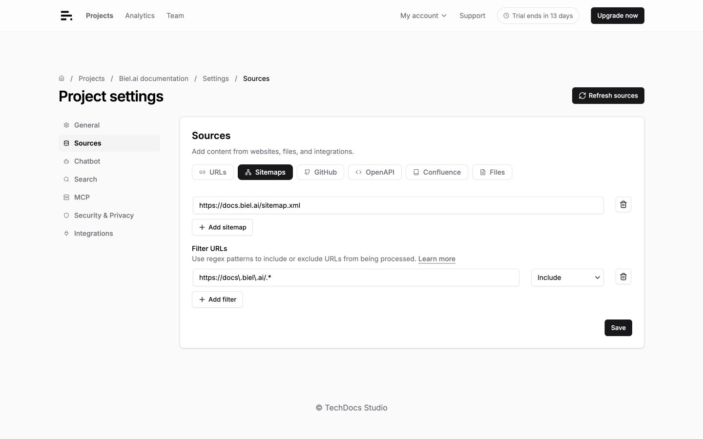 The Sitemaps tab of the Sources settings page