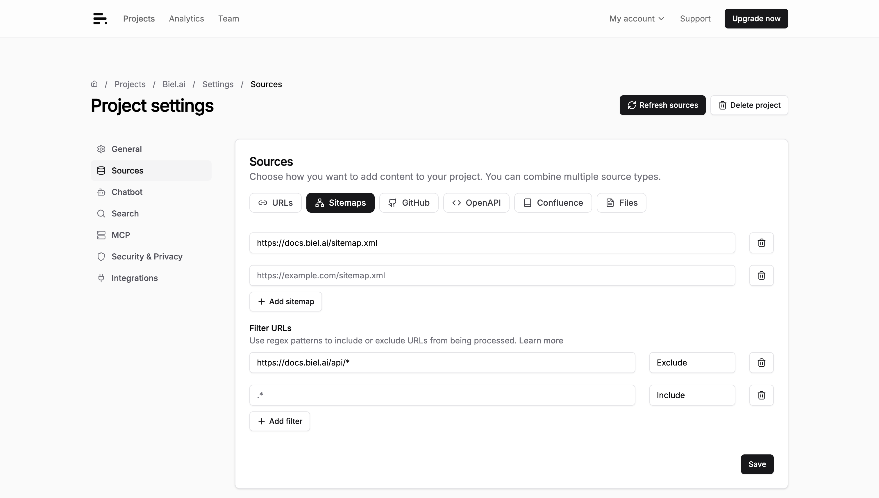 The Sitemaps tab of the Sources settings page