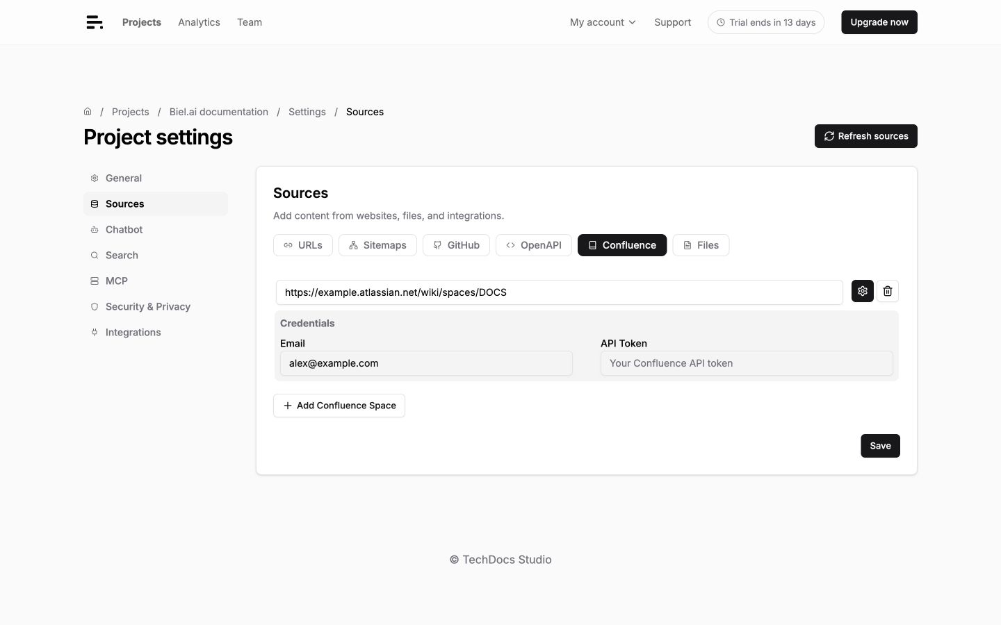 The Confluence tab of the Sources settings page with Space URL and credentials