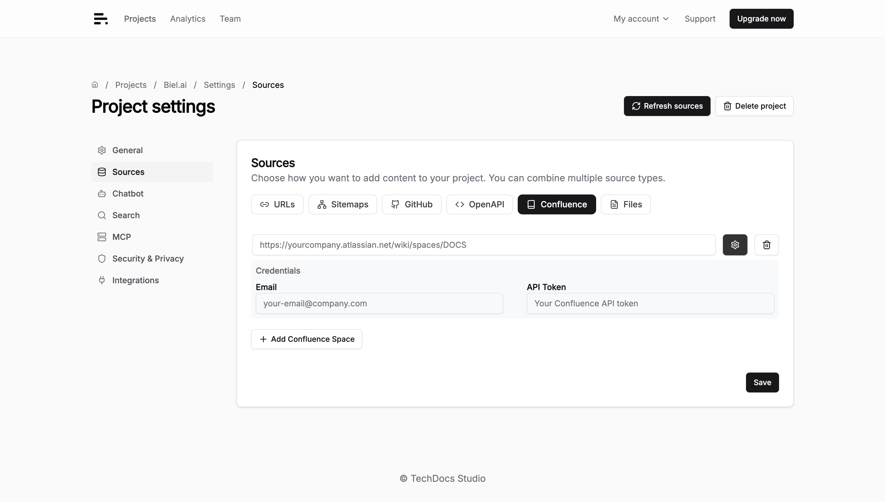 The Confluence tab of the Sources settings page with Space URL and credentials