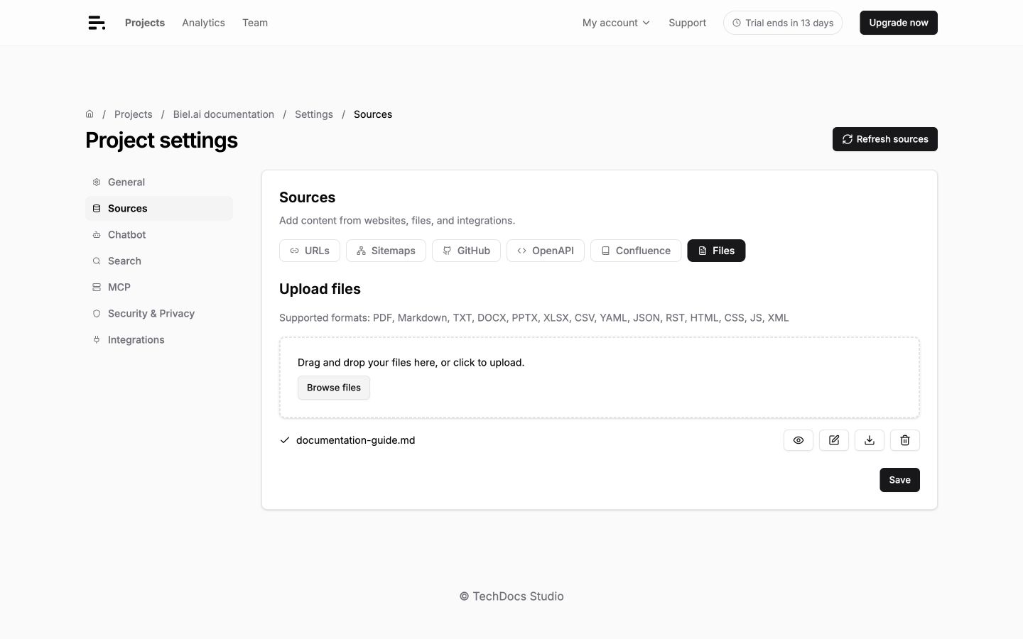 The Files tab of the Sources settings page with the upload area