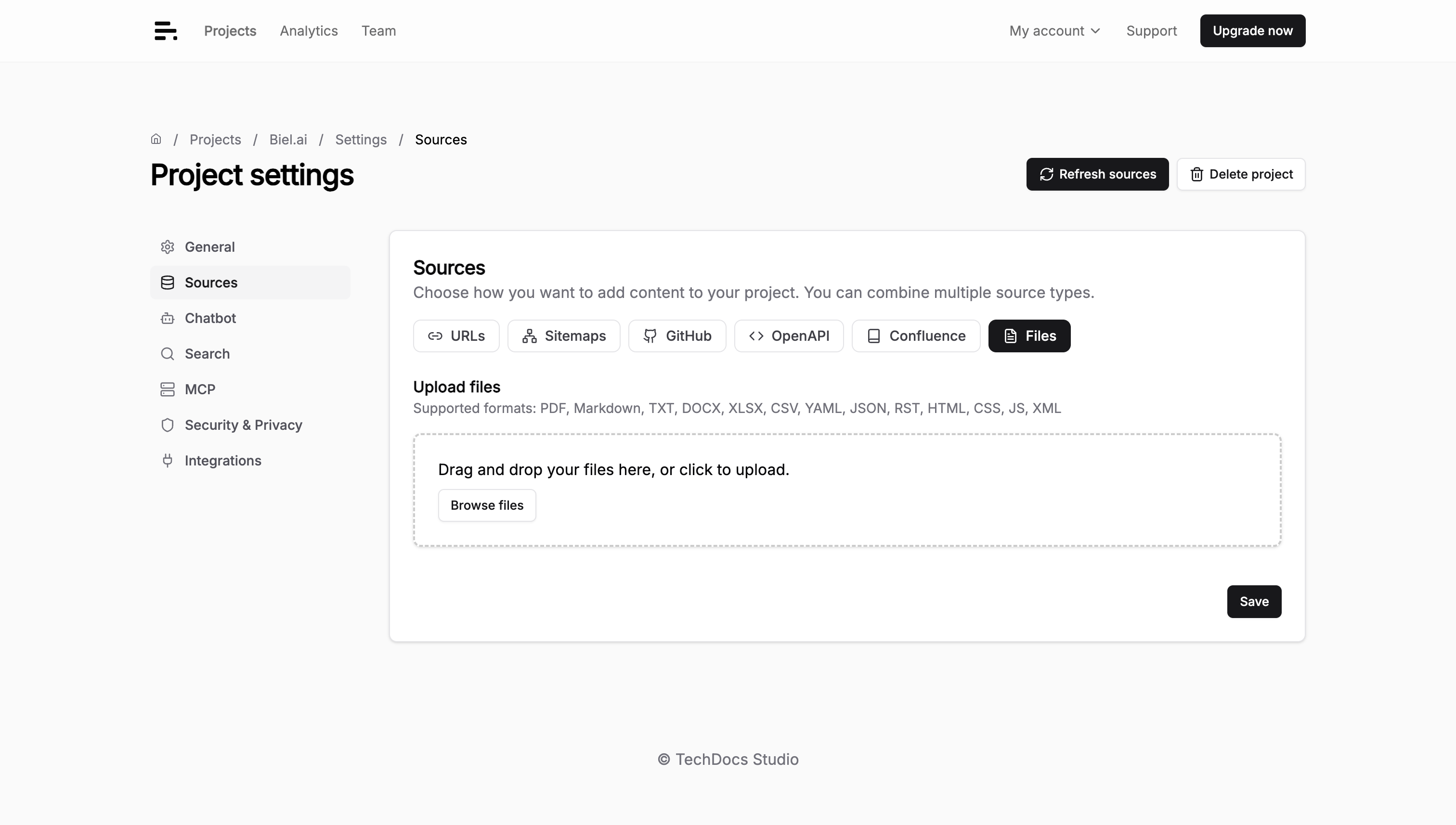 The Files tab of the Sources settings page with the upload area