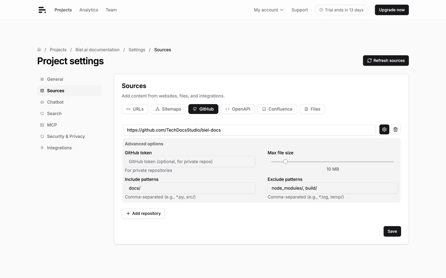 The GitHub tab of the Sources settings page with advanced options