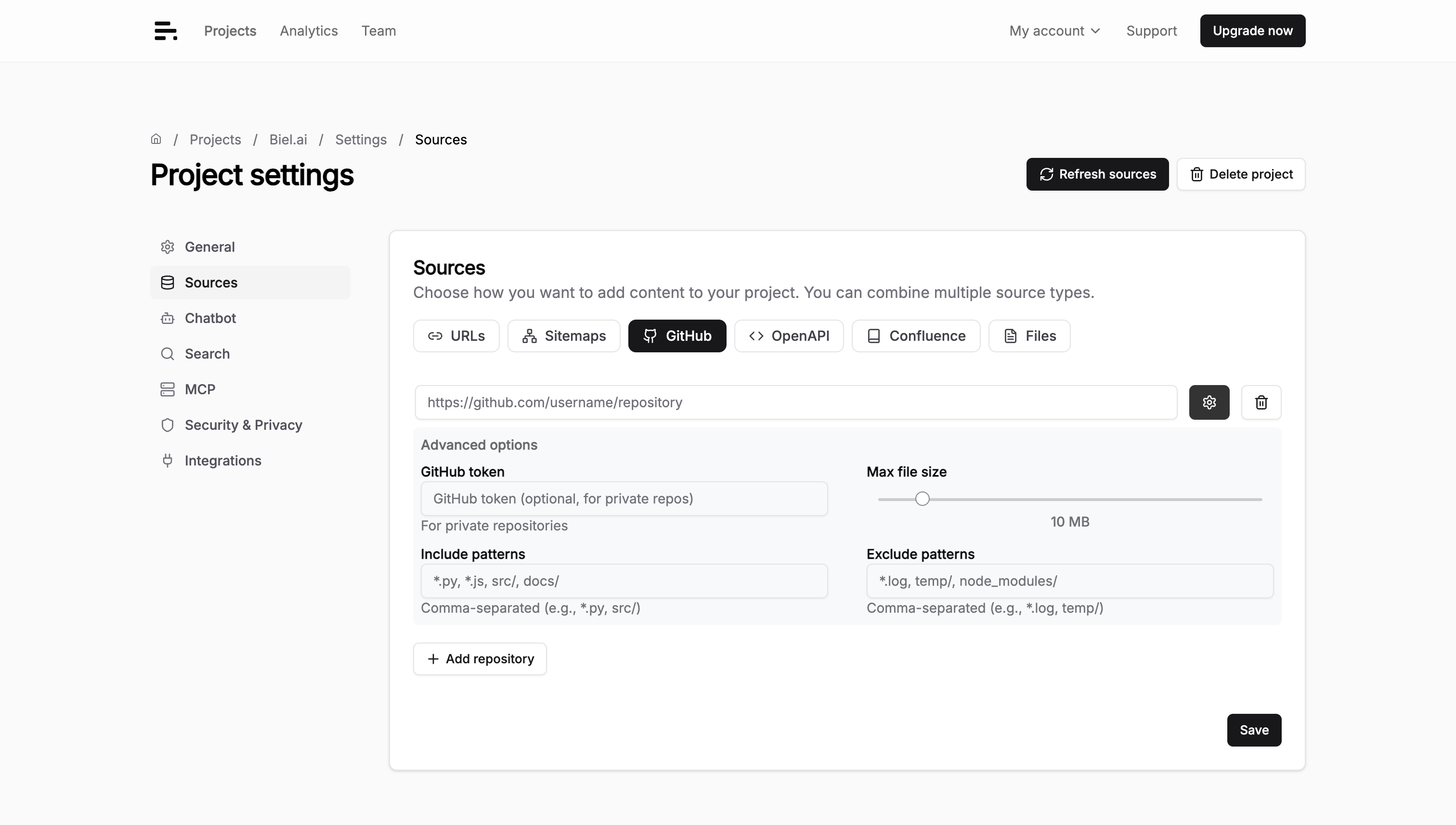 The GitHub tab of the Sources settings page with advanced options