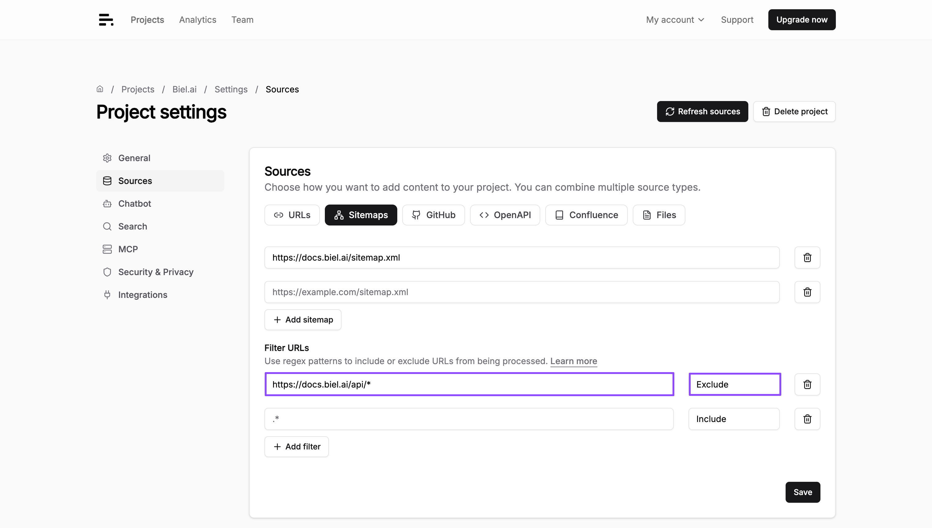 Filter URLs with include and exclude rules under the Sitemaps tab