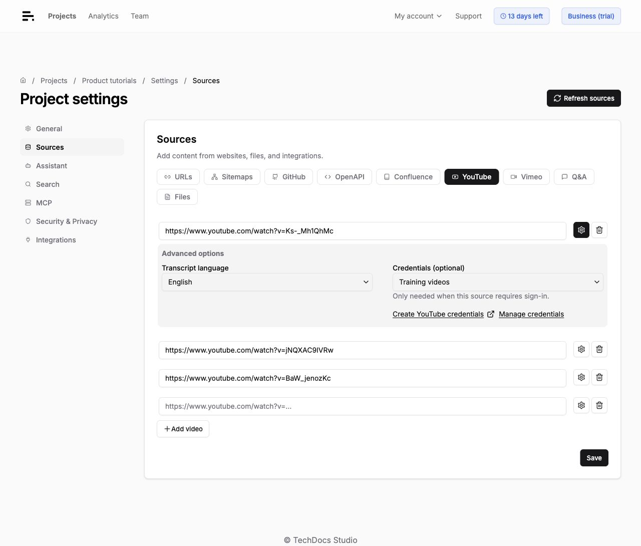 Video advanced options for transcript language and saved credentials