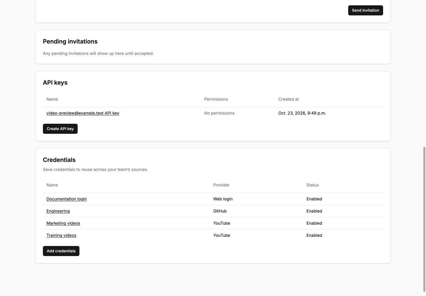 Saved credentials in Team settings