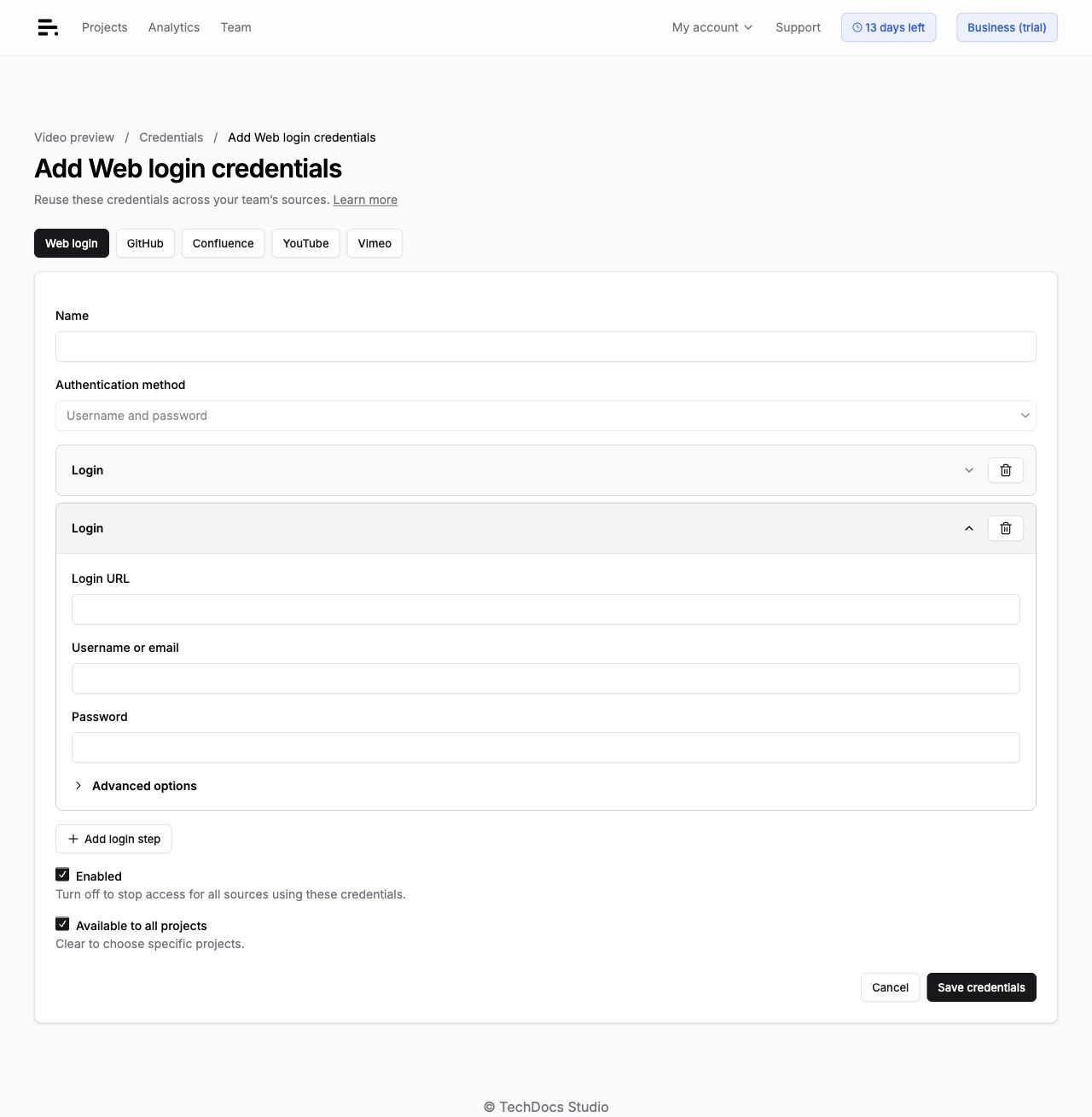 Multiple login steps with separate cards and an Add login step button