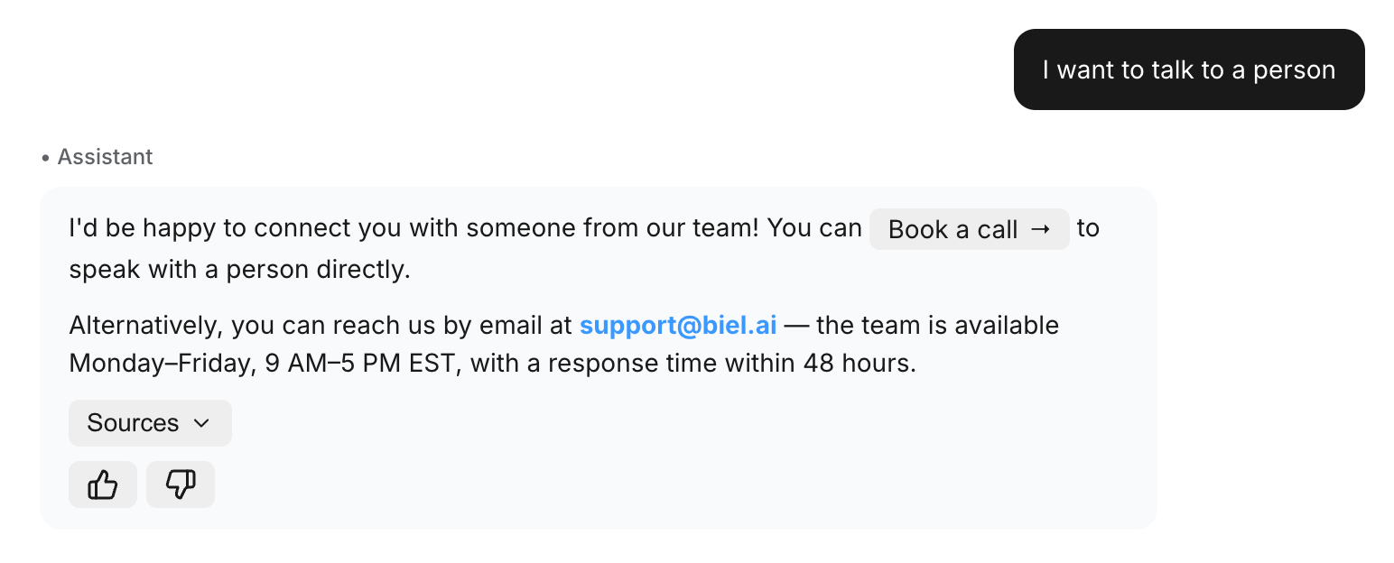 A "Book a call" action button rendered inline in the chatbot's answer