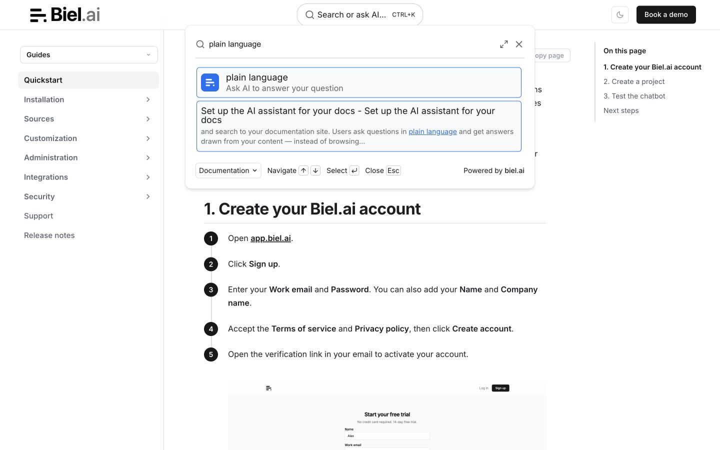 Biel search results with the Documentation filter selected