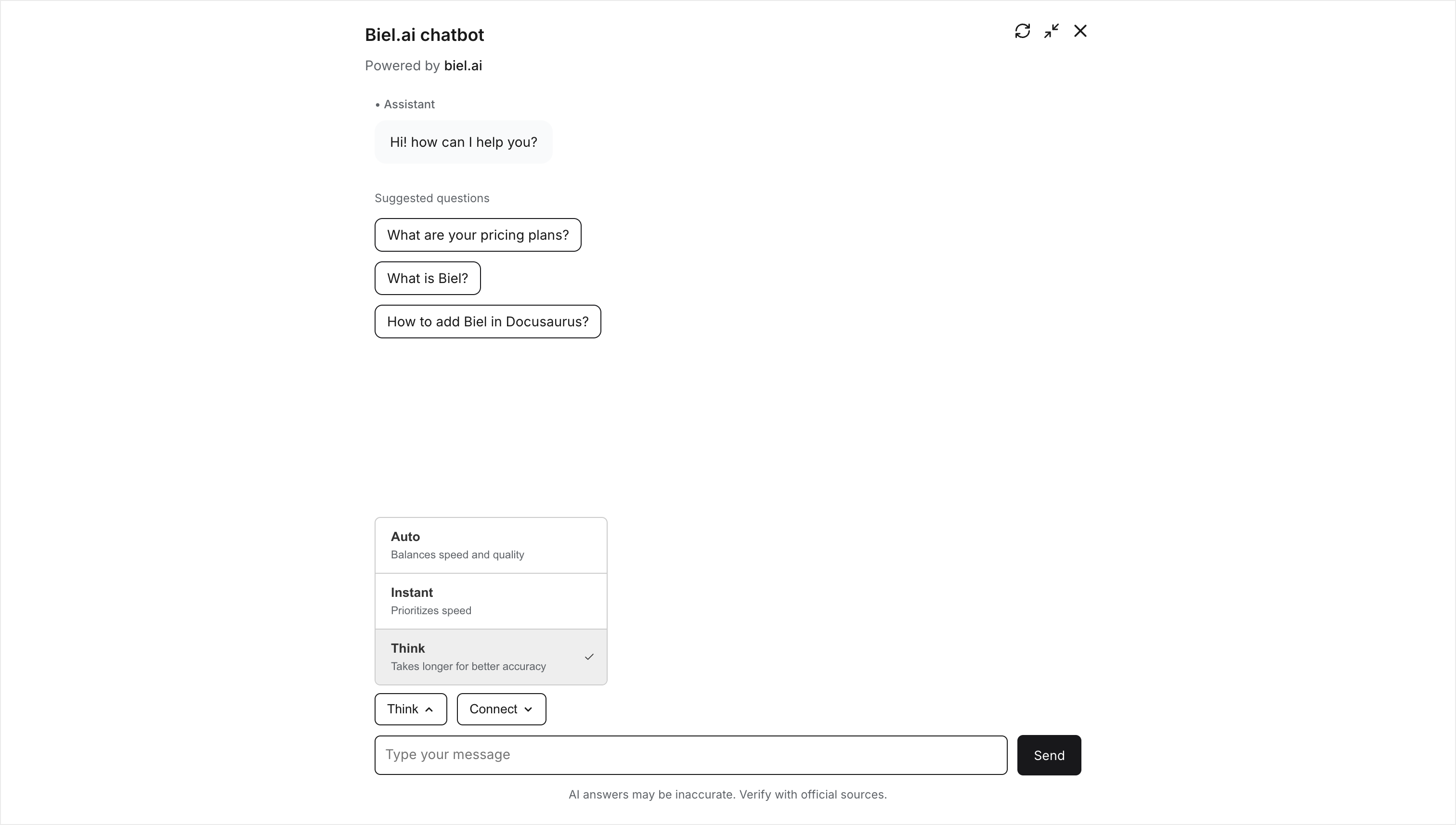 Reasoning mode selector in the chat widget